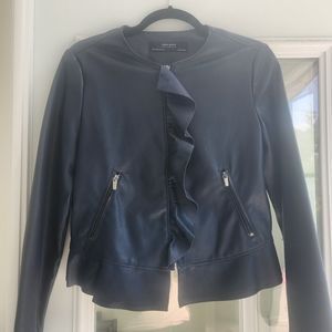 Zara blue leather bomber jacket